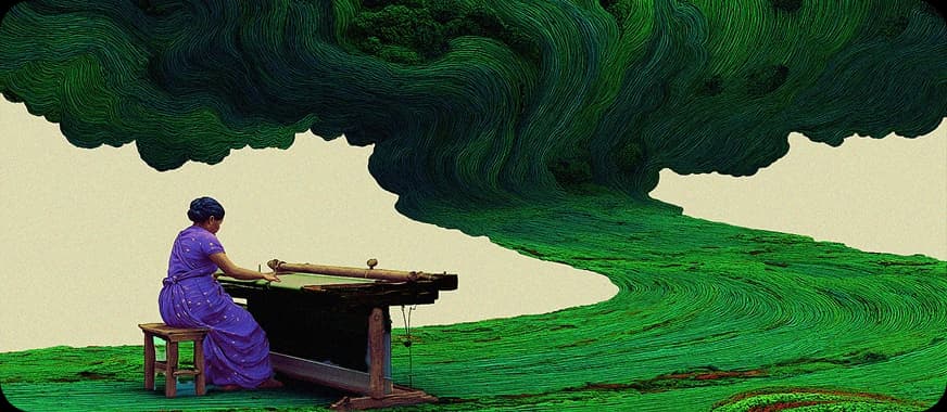 A woman in a purple sari sits at a wooden loom, weaving a fabric that seamlessly extends into a vast flowing green landscape. The woven threads transform into a textured river and lush foliage, blending nature and craft into one continuous scene.